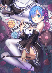 Rule 34 | 10s, 2girls, :o, absurdres, alternate legwear, apron, ball and chain (weapon), bed sheet, black bow, black dress, black footwear, blue eyes, blue hair, blush, bow, breasts, chunrijun (springer), detached sleeves, dress, flail, flower, frilled apron, frilled dress, frilled sleeves, frills, from above, guangfu bao tong meng0-0, hair ornament, hair over one eye, hair ribbon, hairband, highres, holding, holding weapon, lap pillow, leaf, looking at viewer, maid, maid apron, medium breasts, morning star, multiple girls, on bed, out of frame, pantyhose, petals, ram (re:zero), re:zero kara hajimeru isekai seikatsu, rem (re:zero), ribbon, ribbon trim, shoes, short hair, siblings, sisters, sitting, spikes, thighhighs, twins, weapon, white apron, white legwear, wide sleeves, x hair ornament