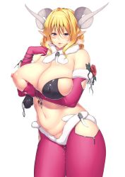 Rule 34 | 1girl, bare shoulders, blonde hair, blush, breast hold, breasts, breath, covered erect nipples, cowboy shot, curvy, deep skin, elbow gloves, flower, fur trim, gloves, hakai shin, highres, horns, huge breasts, long hair, looking at viewer, navel, nipples, one breast out, original, pants, parted lips, plump, pointy ears, puffy nipples, purple eyes, pussy juice, pussy juice drip through clothes, smile, solo, standing, thick thighs, thighs