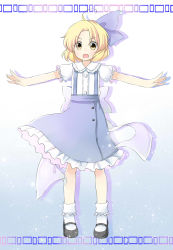 Rule 34 | ahoge, alice margatroid, alice margatroid (pc-98), ankle socks, bad id, bad pixiv id, blonde hair, ellipsis (mitei), frilled skirt, frills, full body, gradient background, hair ribbon, highres, mary janes, open mouth, outstretched arms, puffy short sleeves, puffy sleeves, ribbon, shadow, shoes, short hair, short sleeves, simple background, skirt, socks, solo, spread arms, suspenders, touhou, touhou (pc-98), yellow eyes