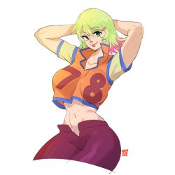 Rule 34 | 1girl, artist name, breasts, colored inner hair, commentary, english commentary, green eyes, green hair, hair ornament, hairclip, large breasts, leaning back, looking to the side, midriff, multicolored hair, navel, open fly, pants, pink hair, purple pants, redline, short hair, smile, snowcie, solo, sonoshee mclaren, thick lips