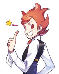 Rule 34 | 1boy, black vest, blouse, blush, bow, bowtie, chili (pokemon), creatures (company), game freak, highres, index finger raised, long sleeves, looking at viewer, male focus, momoji (lobolobo2010), nintendo, one eye closed, pokemon, pokemon bw, red eyes, red hair, shirt, simple background, smile, solo, star (symbol), swept bangs, teeth, traditional bowtie, upper body, vest, white background, white shirt