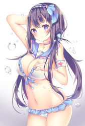 Rule 34 | 1girl, arm behind head, arm up, bad id, bad pixiv id, bare arms, bare shoulders, bikini, black hair, blue bow, blue hairband, blue sailor collar, bow, breasts, bubble, butterfly hair ornament, cleavage, closed mouth, collarbone, gradient background, grey background, hair ornament, hairband, highres, large breasts, long hair, low twintails, navel, original, purple eyes, sailor collar, smile, solo, swimsuit, tsuruse, twintails, very long hair, white background, white bikini