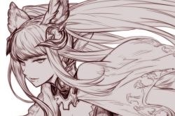 Rule 34 | 1girl, animal ears, blunt bangs, cape, commentary request, erune, granblue fantasy, greyscale, hungry clicker, long hair, looking at viewer, metera (granblue fantasy), mole, mole under mouth, monochrome, simple background, smile, solo, upper body, white background