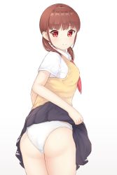 Rule 34 | 1girl, ass, bad id, bad pixiv id, black skirt, blush, brown hair, closed mouth, clothes lift, commentary request, gradient background, grey background, highres, lifted by self, long hair, looking at viewer, looking back, original, panties, pleated skirt, red eyes, school uniform, seventeen (st17215), shirt, short sleeves, sidelocks, skirt, skirt lift, smile, solo, sweater vest, twintails, underwear, white background, white panties, white shirt