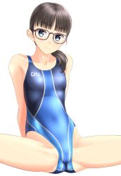 Rule 34 | 1girl, absurdres, black hair, blue eyes, blue one-piece swimsuit, blunt bangs, cameltoe, clothes writing, competition swimsuit, cowboy shot, glasses, gluteal fold, hair over shoulder, highres, looking at viewer, multicolored clothes, multicolored swimsuit, one-piece swimsuit, original, simple background, sitting, solo, spread legs, swimsuit, takafumi, white background