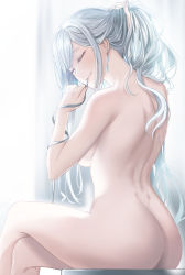 Rule 34 | 1girl, ak-12 (girls&#039; frontline), ass, back, bare back, bare legs, bare shoulders, breasts, chair, closed eyes, closed mouth, commentary, earrings, english commentary, from behind, girls&#039; frontline, hair in own mouth, head tilt, highres, holding, holding own hair, hyury, jewelry, long hair, medium breasts, mouth hold, nude, on chair, silver hair, single earring, sitting, solo, thighs