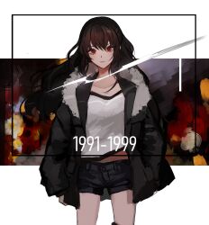 Rule 34 | 1girl, 7wata himori, black hair, black jacket, black shorts, closed mouth, fate/prototype, fate (series), fur-trimmed jacket, fur trim, hand in pocket, highres, inset border, jacket, letterboxed, long hair, long sleeves, looking at viewer, midriff peek, open clothes, open jacket, red eyes, reiroukan misaya, shirt, short shorts, shorts, solo, white shirt
