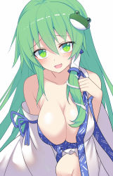 Rule 34 | 1girl, breasts, cleavage, commentary request, detached sleeves, e.o., frog hair ornament, green eyes, green hair, hair between eyes, hair ornament, hair tubes, highres, kochiya sanae, large breasts, long hair, looking at viewer, open mouth, simple background, smile, snake hair ornament, solo, touhou, white background, white sleeves
