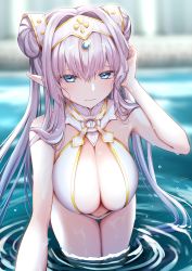 Rule 34 | 1girl, bare shoulders, blush, breasts, britomart (fate), britomart (final ascension) (fate), center opening, cleavage, double bun, fate/grand order, fate (series), gold one-piece swimsuit, hair bun, highleg, highleg swimsuit, highres, ichi kq, large breasts, long hair, looking at viewer, navel, one-piece swimsuit, pointy ears, solo, swimsuit, thighs, two-tone swimsuit, white one-piece swimsuit