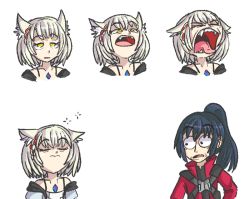 Rule 34 | 1boy, 1girl, animal ears, cat ears, cat girl, chest jewel, commentary, cropped torso, english commentary, fangs, horrified, jacket, mio (xenoblade), nintendo, noah (xenoblade), open mouth, red jacket, simple background, snakeycake, squeans, white background, wide-eyed, xenoblade chronicles (series), xenoblade chronicles 3, yawning, yellow eyes