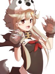 Rule 34 | 1girl, animal hands, black serafuku, blonde hair, claw pose, gloves, hair flaps, hair ornament, hairclip, halloween, highres, honmakaina kudou, kantai collection, long hair, looking at viewer, neckerchief, official alternate costume, paw gloves, red eyes, red neckerchief, school uniform, serafuku, simple background, solo, yuudachi (kancolle), yuudachi kai ni (kancolle)