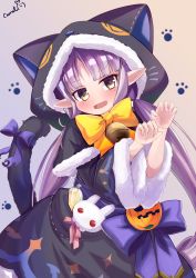 Rule 34 | 1girl, animal ears, animal hood, bell, black capelet, black jacket, black skirt, blush, bow, brown background, brown eyes, capelet, carrot (jetcarrot), cat ears, cat girl, cat hood, cat tail, claw pose, commentary request, fake animal ears, fingernails, fur-trimmed capelet, fur-trimmed hood, fur-trimmed skirt, fur-trimmed sleeves, fur trim, hands up, highres, hood, hood up, hooded capelet, jack-o&#039;-lantern, jacket, jingle bell, kyoka (halloween) (princess connect!), kyoka (princess connect!), long hair, long sleeves, nail polish, open mouth, paw print, paw print background, pink nails, pointy ears, princess connect!, purple bow, purple hair, signature, skirt, solo, tail, tail bow, tail ornament, tail raised, twintails, very long hair, wavy mouth, wide sleeves, yellow bow