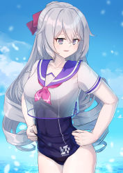 Rule 34 | 1girl, absurdres, black one-piece swimsuit, blue sky, bow, breasts, bronya zaychik, bronya zaychik (silverwing: n-ex), caisena, cloud, collarbone, commentary request, day, grey eyes, grey hair, hair between eyes, hair bow, highres, honkai (series), honkai impact 3rd, long hair, medium breasts, one-piece swimsuit, outdoors, parted lips, purple sailor collar, red bow, ringlets, sailor collar, school uniform, see-through, serafuku, shirt, short sleeves, sky, solo, swimsuit, swimsuit under clothes, very long hair, water, wet, white shirt