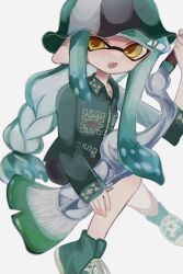 Rule 34 | 1girl, black hat, bucket hat, cross-laced footwear, fang, green footwear, green hair, green hat, green sweater, hat, highres, holding, holding weapon, icebo x x, inkling, inkling girl, inkling player character, long hair, low-tied long hair, multicolored clothes, multicolored hat, nintendo, open mouth, painbrush (splatoon), pointy ears, print sweater, shoes, simple background, solo, splatoon (series), splatoon 3, sweater, tentacle hair, weapon, white background, white hat, yellow eyes
