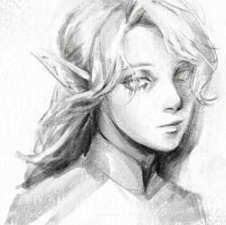 Rule 34 | 1boy, dungeon meshi, elf, greyscale, hair over one eye, highres, looking at viewer, medium hair, mithrun, monochrome, pointy ears, portrait, simple background, solo, tsy