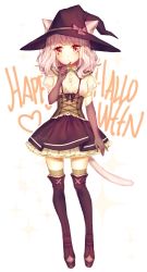 Rule 34 | 01nu, 1girl, :&lt;, animal ears, boots, brown eyes, cat ears, cat tail, dress, ears through headwear, frills, full body, gloves, halloween, hat, highres, lolita fashion, looking at viewer, original, pink hair, pointy ears, short hair, slit pupils, socks, solo, standing, tail, thighhighs, wavy hair, white hair, witch, witch hat