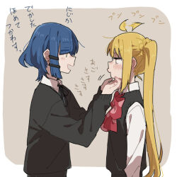 Rule 34 | 2girls, afterimage, ahoge, ahoge wag, arms at sides, black sweater, blonde hair, blue hair, blush, bocchi the rock!, bow, bowtie, closed mouth, collared shirt, detached ahoge, earrings, expressive hair, eye contact, hair ornament, hairclip, ijichi nijika, jewelry, jitome, long hair, long sleeves, looking at another, motion lines, multiple girls, open mouth, ponytail, ree (re-19), shirt, short hair, side ponytail, sidelocks, smile, sound effects, stud earrings, sweater, sweater vest, tickling, translation request, upper body, white shirt, yamada ryo, yuri