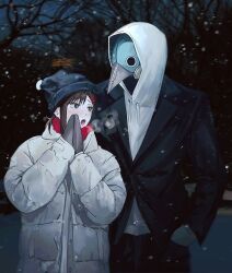 Rule 34 | 1boy, 1girl, bare tree, beak, beanie, black hair, black jacket, black pants, buttericecreamm, chainsaw man, dark, facing another, gloves, grey hoodie, grey jacket, hair ornament, hairclip, hands in pockets, hat, height difference, higashiyama kobeni, highres, hood, hoodie, huffing, jacket, looking to the side, night, open mouth, pants, plague doctor mask, pom pom (clothes), pom pom beanie, scarf, short ponytail, single sidelock, snow, snowing, swept bangs, tree, violence fiend (chainsaw man)