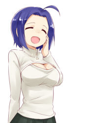 Rule 34 | 1girl, ^ ^, ahoge, blue hair, breasts, cleavage, cleavage cutout, closed eyes, clothing cutout, closed eyes, idolmaster, idolmaster (classic), large breasts, laughing, meme attire, miura azusa, nagian, open-chest sweater, open mouth, short hair, solo, sweater, turtleneck