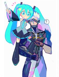 Rule 34 | 1boy, 1girl, ?, aqua hair, aqua nails, aqua necktie, black footwear, black skirt, blood, blood on clothes, blood on face, bloody weapon, boots, collared shirt, cowboy shot, crossover, denaseey, detached sleeves, food, grey shirt, hair between eyes, hatsune miku, highres, holding, holding sword, holding weapon, long hair, metal gear (series), metal gear rising: revengeance, nail polish, necktie, one eye covered, pink blood, pleated skirt, raiden (metal gear), red eyes, shirt, short hair, simple background, skirt, sleeveless, sleeveless shirt, speech bubble, spoken question mark, spring onion, sweatdrop, sword, twintails, vegetable, very long hair, vocaloid, weapon, white background, white hair