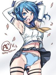 Rule 34 | 1girl, arms up, blue eyes, blue hair, blue panties, clothes lift, cowboy shot, dated, double bun, elbow gloves, gloves, grey skirt, hair bun, hat, kantai collection, neckerchief, open mouth, panties, pleated skirt, sailor hat, school uniform, serafuku, simple background, skirt, skirt lift, sleeves rolled up, solo, standing, tatsumi ray, twitter username, underwear, upskirt, urakaze (kancolle), white background, white gloves, white hat, wind, wind lift, yellow neckerchief