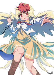 Rule 34 | 1girl, animal, animal on head, bird, bird on head, bird wings, blonde hair, boots, bright pupils, brown footwear, chick, chups, dress, highres, holding, holding whistle, long sleeves, looking at viewer, multicolored hair, niwatari kutaka, on head, open mouth, orange dress, red eyes, red hair, signature, touhou, two-tone hair, v-shaped eyebrows, whistle, white pupils, wings, yellow wings