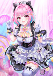Rule 34 | 1girl, absurdres, ahoge, apron, beret, black hat, blue hair, bow, breasts, cleavage, colored inner hair, corset, detached collar, dress bow, frilled apron, frills, gloves, gothic lolita, hat, highres, hya ro, idolmaster, idolmaster cinderella girls, idolmaster cinderella girls starlight stage, large breasts, lolita fashion, looking at viewer, middle finger, multicolored hair, pink eyes, pink hair, short hair, solo, striped clothes, striped thighhighs, tearing up, thighhighs, two-tone hair, underbust, waist apron, white apron, white gloves, wrist cuffs, yumemi riamu