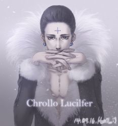 Rule 34 | 1boy, black coat, black hair, chrollo lucilfer, coat, cross, dated, earrings, facial tattoo, fur collar, gendou pose, grey eyes, hair slicked back, hands clasped, homil22, hunter x hunter, inverted cross, jewelry, open clothes, open coat, own hands clasped, own hands together, pectoral cleavage, pectorals, solo, tattoo