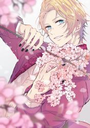 Rule 34 | 1boy, black nails, blonde hair, blue eyes, blurry, branch, cherry blossoms, depth of field, earrings, falling petals, flower, grin, highres, holding, holding branch, holding flower, instrument, jacket, jewelry, kurusu shou, looking at viewer, male focus, music, nail polish, official alternate costume, parted bangs, petals, pink jacket, pink vest, playing instrument, shirt, short hair, smile, solo, stud earrings, suit jacket, upper body, uta no prince-sama, vest, vibrahat, violin, white shirt