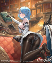 Rule 34 | 1girl, artist name, ass, bare shoulders, black gloves, blue eyes, blue hair, blush, book, bracelet, breasts, commentary request, company connection, company name, copyright name, couch, cuboon, dress, evertale, feather trim, feathers, full body, gloves, hair ornament, heterochromia, highres, holding, holding book, indoors, jewelry, kneeling, library, logo, looking at viewer, looking back, medium breasts, odin (evertale), official art, panties, panties under pantyhose, pantyhose, shadow, shiny clothes, shiny skin, short dress, short hair, sideboob, simple background, twisted torso, underwear, yellow eyes