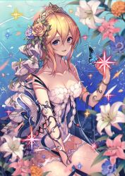 Rule 34 | 1girl, bad id, bad pixiv id, bare shoulders, blonde hair, blue cape, blue eyes, blue ribbon, blush, breasts, bug, butterfly, cape, collarbone, dress, europa (granblue fantasy), flower, granblue fantasy, hair between eyes, hair flower, hair ornament, highres, homaderi, insect, large breasts, looking at viewer, open mouth, plant, ribbon, ripples, short hair, sitting, smile, solo, sparkle, thighs, tiara, vines, white dress