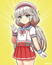 Rule 34 | 1girl, arthur ko, blue sailor collar, gloves, green eyes, grey hair, hat, highres, hip vent, kantai collection, long hair, low twintails, mikura (kancolle), miniskirt, panties, pleated skirt, puffy short sleeves, puffy sleeves, red skirt, sailor collar, sailor hat, sailor shirt, shirt, short sleeves, skirt, smile, solo, standing, twintails, underwear, v, white gloves, white hat, white panties, white shirt