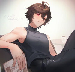Rule 34 | 1boy, ahoge, armpit crease, brown hair, coffee, coffee cup, coffee mug, commentary, commentary request, couch, cowboy shot, cropped legs, cup, disposable cup, endend (shinia), english commentary, english text, fingernails, granblue fantasy, hair between eyes, holding, holding menu, leather, leather pants, looking at viewer, male focus, menu, messy hair, mixed-language commentary, mug, on couch, pants, red eyes, sandalphon (granblue fantasy), short hair, sleeveless, sleeveless turtleneck, smile, solo focus, turtleneck