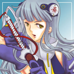 Rule 34 | 1girl, akane (ar tonelico), ar tonelico, ar tonelico iii, armpits, detached sleeves, gloves, grey hair, gust, hair ornament, long hair, nanbu arata, open mouth, solo, sword, weapon, yellow eyes