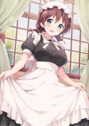 Rule 34 | 1girl, :d, alternate costume, apron, black dress, blush, braid, breasts, brown hair, commentary request, curtains, dress, emma verde, enmaided, hat, hazuki (sutasuta), highres, indoors, large breasts, long hair, looking at viewer, love live!, love live! nijigasaki high school idol club, maid, mob cap, neck ribbon, open mouth, ribbon, short sleeves, skirt hold, smile, solo, twin braids, waist apron, white apron, white hat, white ribbon, window