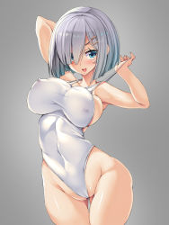 Rule 34 | 1girl, alternate costume, blue eyes, blush, breasts, competition swimsuit, gradient background, grey one-piece swimsuit, groin, hair between eyes, hair ornament, hairclip, hamakaze (kancolle), highleg, highres, kantai collection, large breasts, nipples, one-piece swimsuit, open mouth, short hair, silver hair, smile, swimsuit, torisan