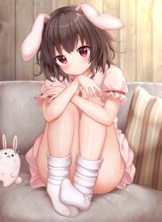 Rule 34 | 1girl, animal, animal ears, ass, black hair, blush, carrot necklace, closed mouth, commentary request, couch, dress, frilled sleeves, frills, hair between eyes, highres, inaba tewi, jewelry, legs, looking at viewer, necklace, pink dress, rabbit, rabbit ears, red eyes, short hair, short sleeves, smile, socks, solo, suigetsu (watermoon-910), thighs, touhou, white socks
