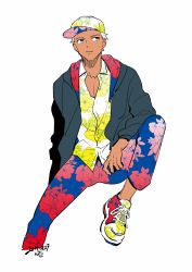 Rule 34 | 1boy, archer (fate), baseball cap, casual, dark skin, dark-skinned male, fate/stay night, fate (series), floral print, hat, jacket, male focus, nishiyama (whatsoy), shoes, sneakers, solo, white hair