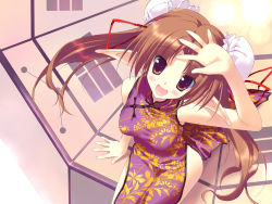 Rule 34 | 1girl, :d, bad id, bad pixiv id, bare shoulders, blush, brown eyes, brown hair, bun cover, china dress, chinese clothes, double bun, dress, elf, hair bun, open mouth, orange eyes, original, pointy ears, side slit, sitting, smile, solo, tsurusaki takahiro, twintails