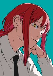 Rule 34 | 1girl, black necktie, blue background, braid, braided ponytail, business suit, chainsaw man, collared shirt, formal, long sleeves, looking at viewer, makima (chainsaw man), medium hair, necktie, neckwear request, parted lips, red hair, ringed eyes, shaded face, shirt, simple background, smile, solo, suit, upper body, white shirt, yellow eyes, yoko.u