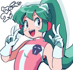 Rule 34 | 1girl, blue eyes, calen (time bokan), copyright name, double v, drop shadow, gloves, green hair, headphones, highres, leotard, looking at viewer, minamijima command, ponytail, simple background, smile, solo, time bokan (series), time bokan 24, translation request, upper body, v, white background, white gloves