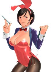 Rule 34 | 1girl, animal ears, black hair, black pantyhose, blazer, blue jacket, bow, bowtie, breasts, clipboard, cowboy shot, detached collar, fake animal ears, highres, jacket, large breasts, leotard, looking at viewer, nokaze koyama, original, pantyhose, pen, playboy bunny, rabbit ears, rabbit tail, red bow, red bowtie, red eyes, red leotard, short ponytail, simple background, solo, strapless, strapless leotard, tail, white background, wrist cuffs