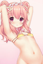 Rule 34 | 1girl, ahoge, armpits, arms up, bikini, bikini top only, bottomless, chestnut mouth, curcuma (flower knight girl), detached collar, double bun, flower, flower knight girl, hair between eyes, hair bun, hair flower, hair ornament, hairband, highres, long hair, looking at viewer, multi-strapped bikini top, navel, out-of-frame censoring, pink background, pink eyes, pink hair, shiodome oji, skindentation, solo, swimsuit, upper body, yellow bikini