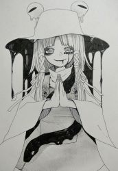 Rule 34 | 1girl, blood, blood from mouth, bloody tears, blunt bangs, closed mouth, commentary, dress, eyebrows hidden by hair, fingernails, greyscale, hair ribbon, hat, horizontal pupils, long hair, long sleeves, looking at viewer, mishaguji, monochrome, moriya suwako, own hands clasped, own hands together, parted bangs, ribbon, sidelocks, smile, snake, solo, touhou, upper body, whoru, wide sleeves