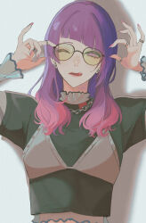 Rule 34 | 1girl, ;q, absurdres, arms up, black-framed eyewear, black shirt, blunt bangs, bra over clothes, chain, chain necklace, commentary, diagonal bangs, diamond earrings, earrings, fingernails, glasses, gradient hair, highres, idolmaster, idolmaster shiny colors, jewelry, long hair, looking at viewer, multicolored hair, nail polish, naruse chika, necklace, one eye closed, pink hair, purple hair, ring, shadow, shirt, solo, symbol-only commentary, tanaka mamimi, tongue, tongue out, upper body