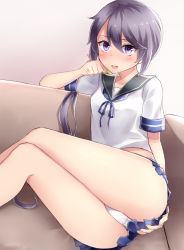 Rule 34 | 10s, 1girl, akebono (kancolle), ass, ass grab, bell, blue skirt, commentary request, flower, hair bell, hair between eyes, hair flower, hair ornament, hand on own ass, highres, jingle bell, kantai collection, legs together, long hair, neit ni sei, open mouth, panties, pleated skirt, purple eyes, purple hair, sailor collar, school uniform, serafuku, short sleeves, side ponytail, skirt, solo, sweat, underwear, very long hair, white panties