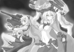 Rule 34 | 10s, 2girls, abyssal ship, airfield princess, bad id, bad pixiv id, breasts, covered erect nipples, kantai collection, long hair, looking at viewer, monochrome, multiple girls, navel, thighhighs, wo-class aircraft carrier, yu-ves