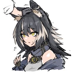 Rule 34 | 1girl, animal ears, bare shoulders, blush, breasts, fingerless gloves, girls&#039; frontline, girls&#039; frontline neural cloud, gloves, hand on another&#039;s head, hashtag-only commentary, highres, jacket, long hair, medium breasts, multicolored hair, r scrubed, ranko (neural cloud), sketch, yellow eyes
