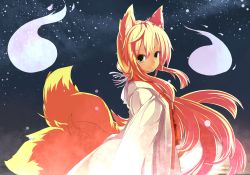 1girl animal_ears blonde_hair colorized female_focus fk fox_ears fox_tail japanese_clothes multiple_tails night night_sky original sky solo tail yu-ves