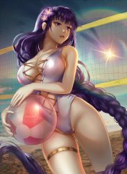 Rule 34 | 1girl, backlighting, ball, beach, beachball, braid, breasts, casual one-piece swimsuit, cleavage, cloud, collarbone, cowboy shot, cross-laced clothes, cross-laced one-piece swimsuit, day, genshin impact, highleg, highres, holding, holding ball, holding beachball, large breasts, lens flare, lips, long hair, looking to the side, low-braided long hair, low-tied long hair, mavoly, mole, mole under eye, nail polish, navel, nose, one-piece swimsuit, outdoors, parted lips, purple eyes, purple hair, purple nails, purple one-piece swimsuit, raiden shogun, sand, see-through, shooting star, shore, sky, solo, sun, swimsuit, thigh strap, thighs, very long hair, volleyball net, water